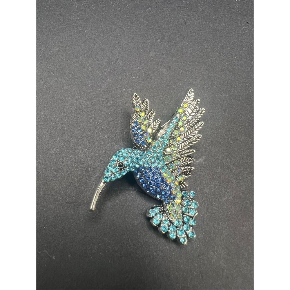 Blue Aqua Silver Tone Rhinestone Hummingbird Pin Brooch